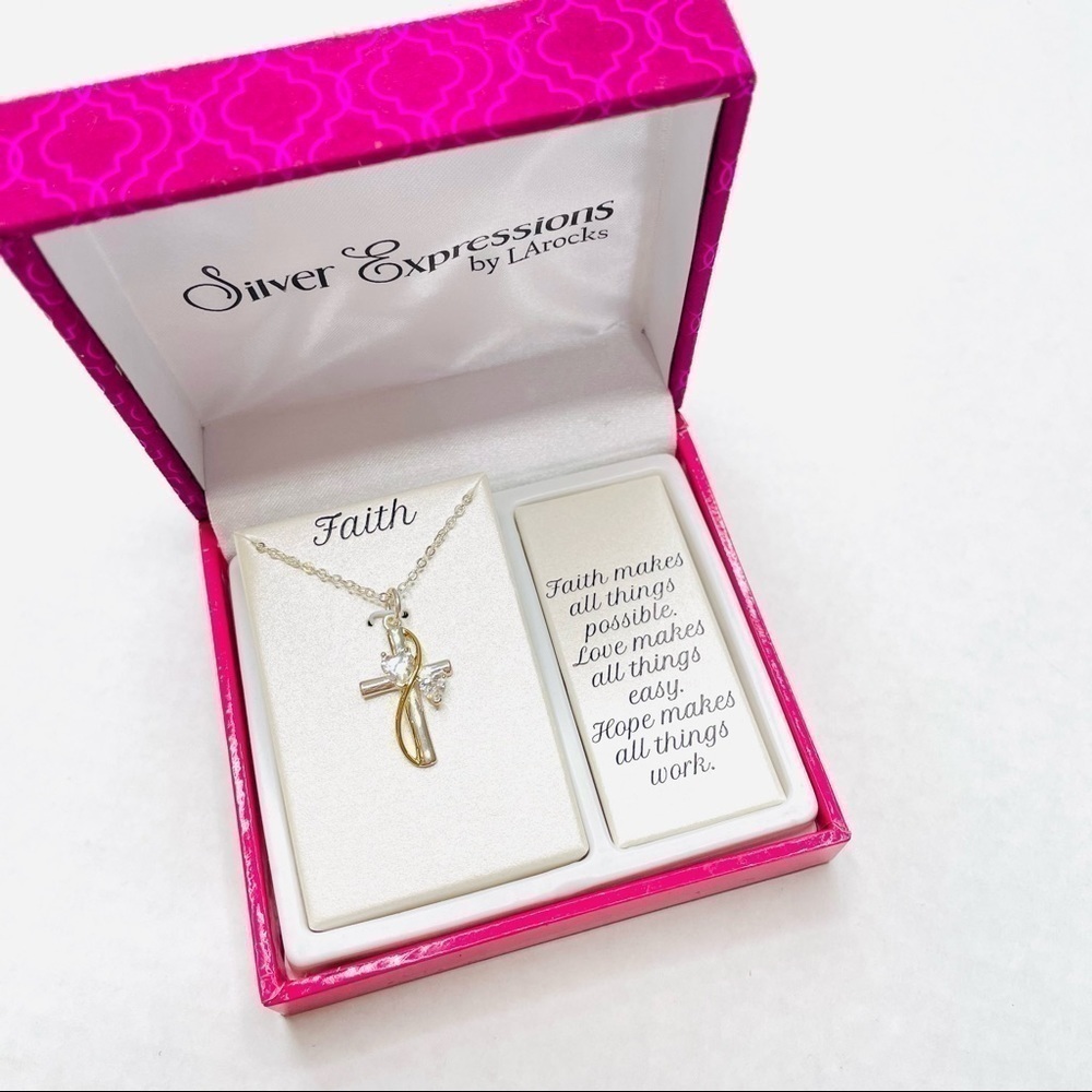 silver Expressions by LA Rocks Cross & CZ Hearts Necklace with Gold Accents